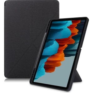 Galaxy Tab S7 Fe T736 Için Kalem Bölmeli Standlı Kumaş + Deri Tablet Kılıfı - Siyah (Yurt Dışından)