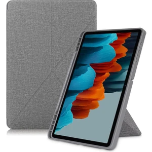Galaxy Tab S7 Fe T736 Için Kalem Bölmeli Standlı Kumaş + Deri Tablet Kılıfı - Gri (Yurt Dışından)