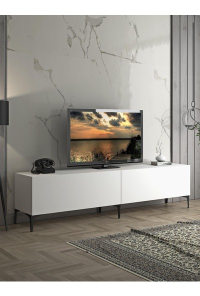Wood'n Love Vega Premium 200 cm Geniş Dolaplı Metal Ayaklı Tv Ünitesi - Beyaz / Siyah