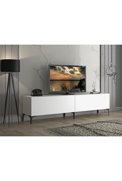 Wood'n Love Vega Premium 200 cm Geniş Dolaplı Metal Ayaklı Tv Ünitesi - Beyaz / Siyah