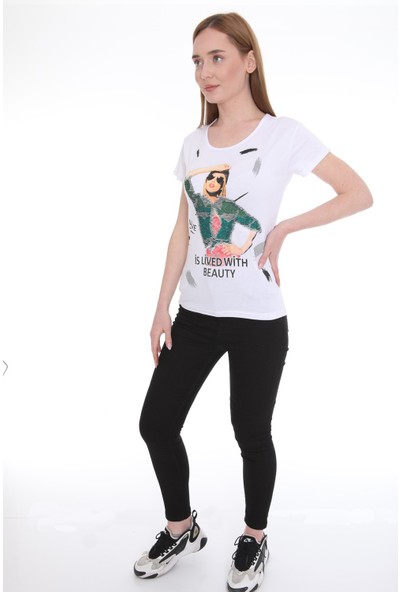 Çift Yönlü Renk Değiştiren Pullu Kadın T-Shirt