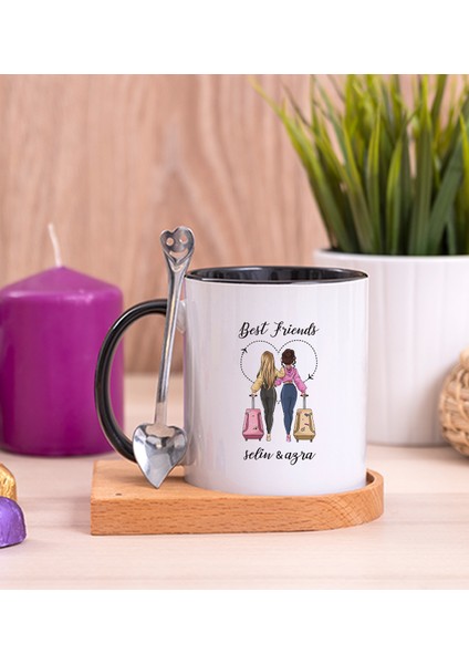 Kişiye Özel Best Friends Ahşap Altlıklı Kaşıklı Siyah Kupa Bardak