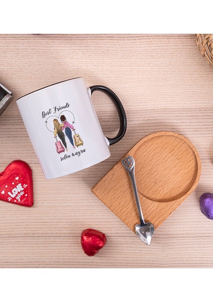 Kişiye Özel Best Friends Ahşap Altlıklı Kaşıklı Siyah Kupa Bardak