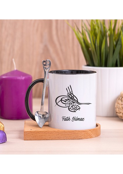 Kişiye Özel Osmanlı Tuğralı Ahşap Altlıklı Kaşıklı Siyah Kupa Bardak