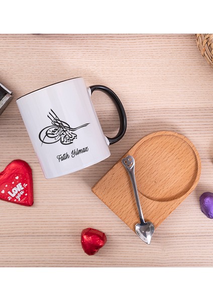 Kişiye Özel Osmanlı Tuğralı Ahşap Altlıklı Kaşıklı Siyah Kupa Bardak fiyatları