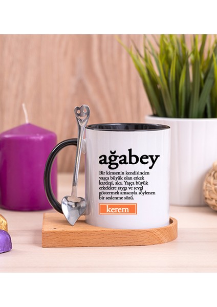 Kişiye Özel Ağabey Kelime Anlamı Ahşap Altlıklı Kaşıklı Siyah Kupa Bardak