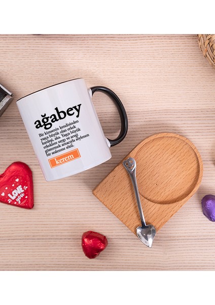 Kişiye Özel Ağabey Kelime Anlamı Ahşap Altlıklı Kaşıklı Siyah Kupa Bardak fiyatları