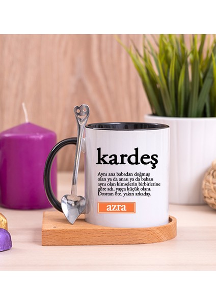 Kişiye Özel Kardeş Kelime Anlamı Ahşap Altlıklı Kaşıklı Siyah Kupa Bardak