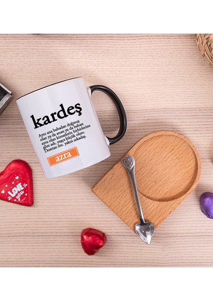 Kişiye Özel Kardeş Kelime Anlamı Ahşap Altlıklı Kaşıklı Siyah Kupa Bardak fiyatları