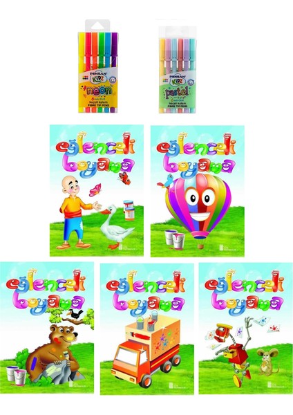 3-6 Yaş Eğlenceli Boyama Kitapları 5 Li +Pensan Kids 12 Li Keçeli Boya