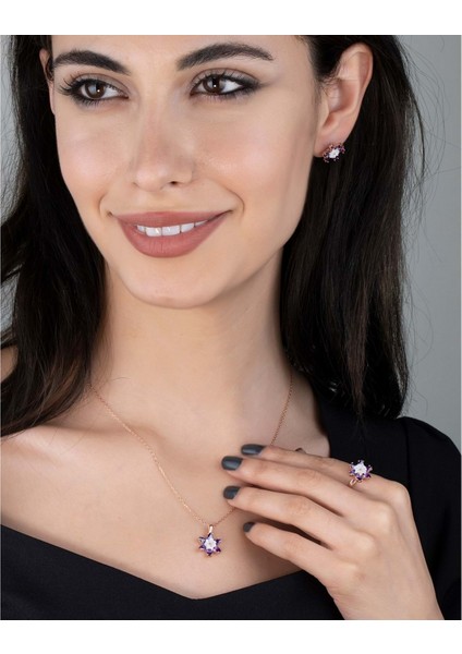 925 Ayar Gümüş Sedefli Mor Lotus Çiçeği Takı Seti