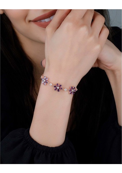 925 Ayar Gümüş Mor Damla Taşlı Bahar Çiçekleri Bileklik