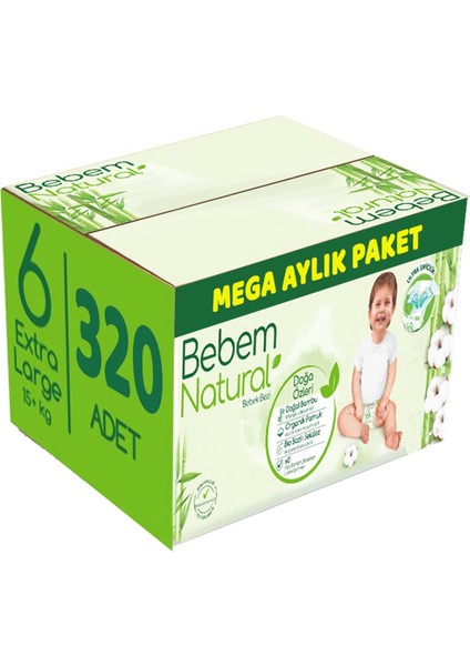 Bebem Bebek Bezi Natural Beden:6 (15+Kg) Ekstra Large 320 Adet Mega Aylık Pk