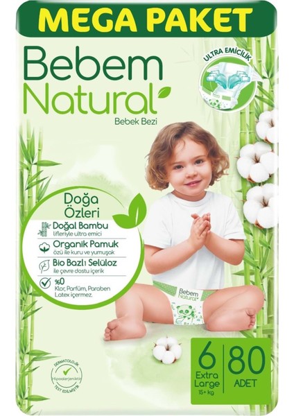 Bebem Bebek Bezi Natural Beden:6 (15+Kg) Ekstra Large 320 Adet Mega Aylık Pk