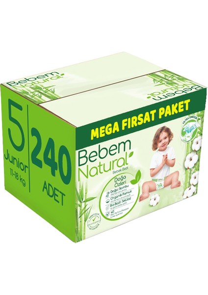 Bebem Bebek Bezi Natural Beden:5 (11-18KG) Junior 240 Adet Mega Fırsat Pk