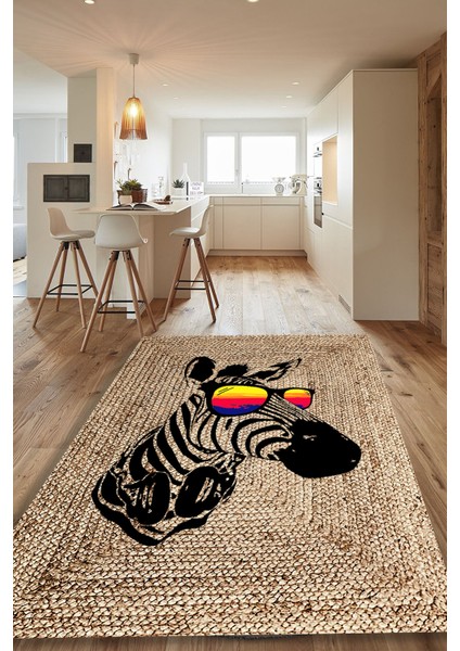 Zebra Desenli Jüt Halı (Makinada Yıkanabilir Kaymaz Dot Taban) - Cp1267