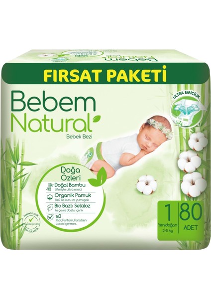 Bebem Bebek Bezi Natural Beden:1 (2-5kg) Yenidoğan 320 Adet Avantaj Fırsat Pk