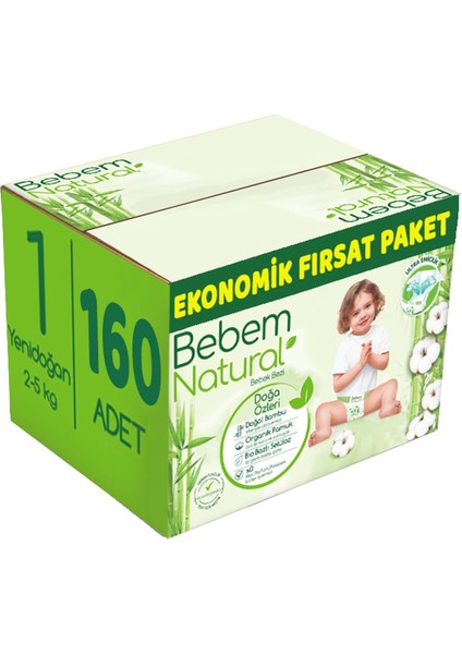 Bebem Bebek Bezi Natural Beden:1 (2-5kg) Yenidoğan 160 Adet Ekonomik Fırsat Pk