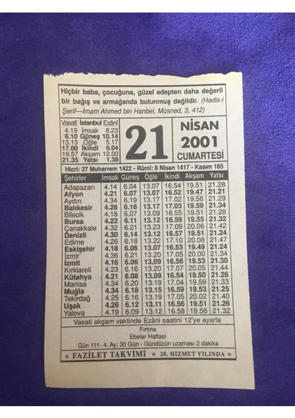 21 Nisan 2001 Takvim Yaprağı - Nostalji Koleksiyonluk Takvim Yaprağı