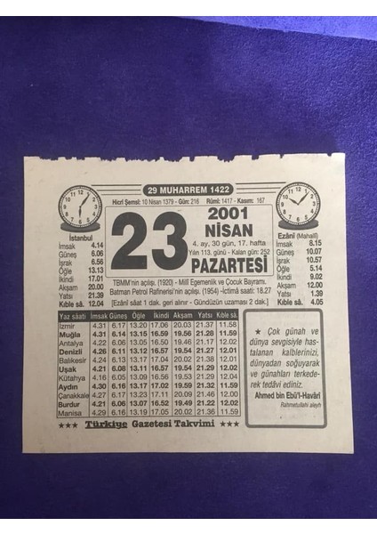 23 Nisan 2001 Takvim Yaprağı - Nostalji Koleksiyonluk Takvim Yaprağı