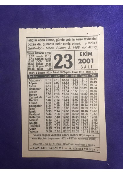 23 Ekim 2001 Takvim Yaprağı - Nostalji Koleksiyonluk Takvim Yaprağı