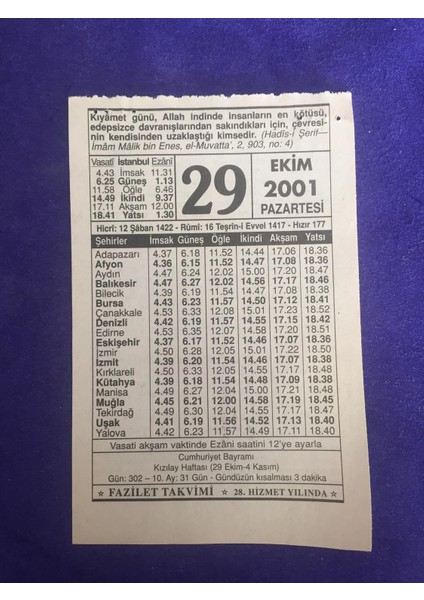 29 Ekim 2001 Takvim Yaprağı - Nostalji Koleksiyonluk Takvim Yaprağı