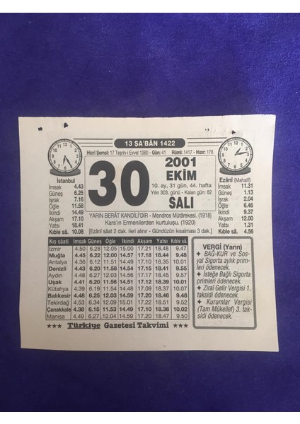 30 Ekim 2001 Takvim Yaprağı - Nostalji Koleksiyonluk Takvim Yaprağı B