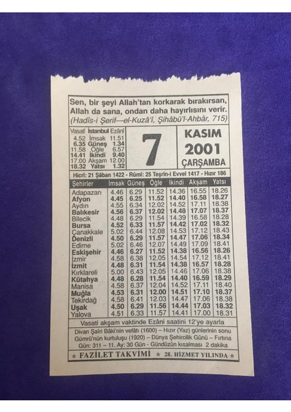 7 Kasım 2001 Takvim Yaprağı - Nostalji Koleksiyonluk Takvim Yaprağı