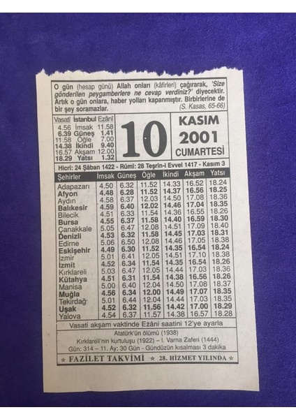 10 Kasım 2001 Takvim Yaprağı - Nostalji Koleksiyonluk Takvim Yaprağı
