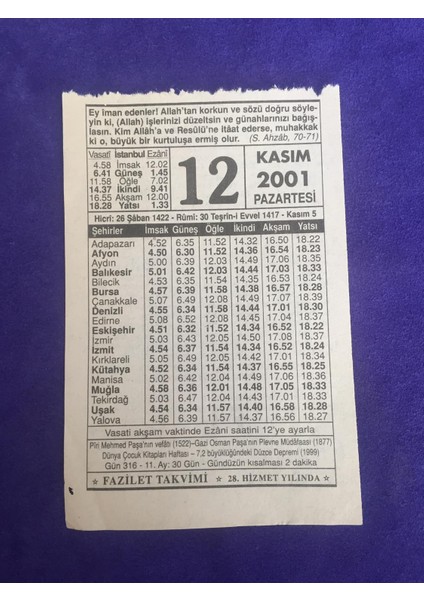 12 Kasım 2001 Takvim Yaprağı - Nostalji Koleksiyonluk Takvim Yaprağı