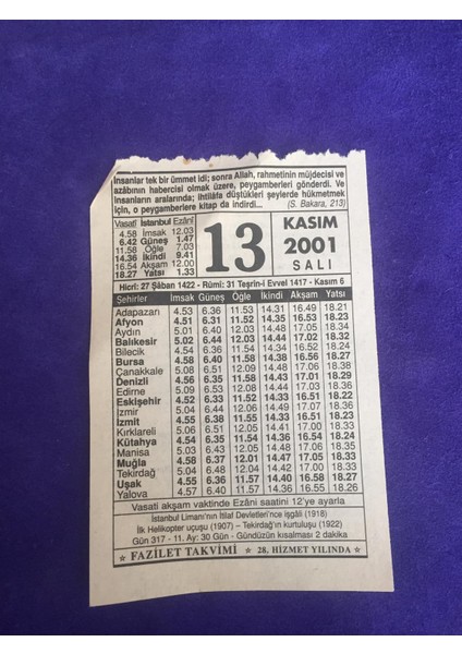 13 Kasım 2001 Takvim Yaprağı - Nostalji Koleksiyonluk Takvim Yaprağı