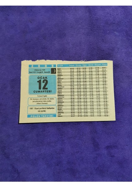 12 Ocak 2008 Takvim Yaprağı - Nostaljik Koleksiyonluk Takvim Yaprağı A
