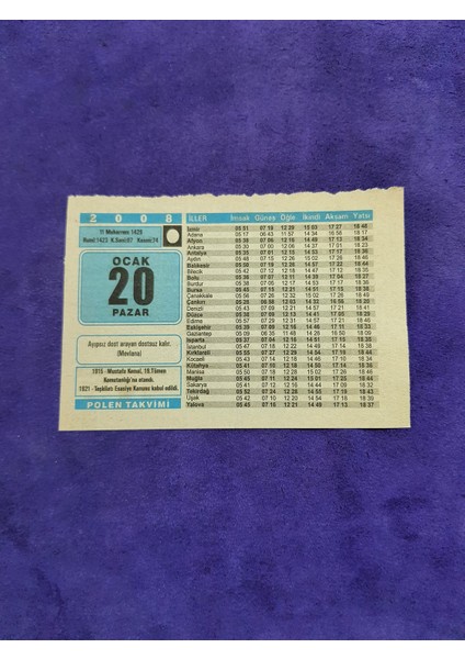 20 Ocak 2008 Takvim Yaprağı - Nostaljik Koleksiyonluk Takvim Yaprağı A