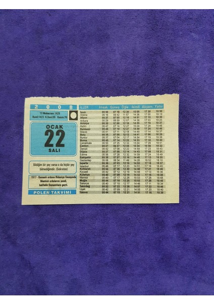 22 Ocak 2008 Takvim Yaprağı - Nostaljik Koleksiyonluk Takvim Yaprağı A