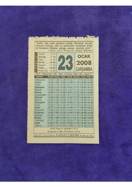 23 Ocak 2008 Takvim Yaprağı - Nostaljik Koleksiyonluk Takvim Yaprağı
