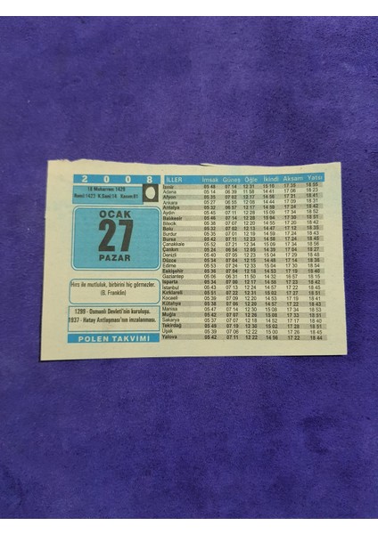 27 Ocak 2008 Takvim Yaprağı - Nostaljik Koleksiyonluk Takvim Yaprağı A