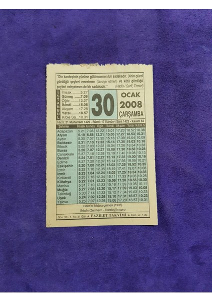 30 Ocak 2008 Takvim Yaprağı - Nostaljik Koleksiyonluk Takvim Yaprağı