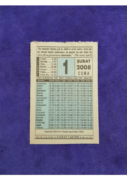 1 Şubat 2008 Takvim Yaprağı - Nostaljik Koleksiyonluk Takvim Yaprağı