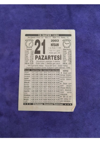 21 Nisan 2003 Takvim Yaprağı - Nostaljik Koleksiyonluk Takvim Yaprağı