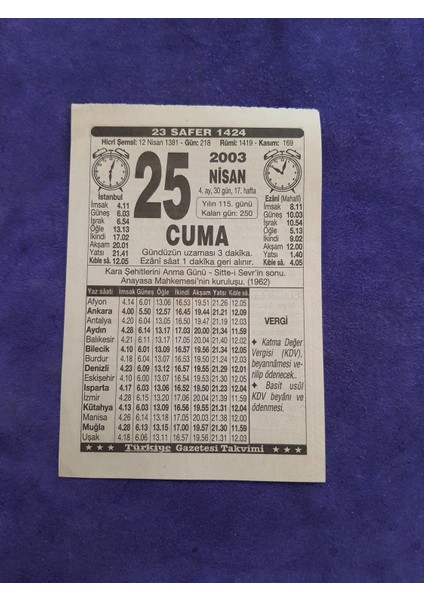 25 Nisan 2003 Takvim Yaprağı - Nostaljik Koleksiyonluk Takvim Yaprağı