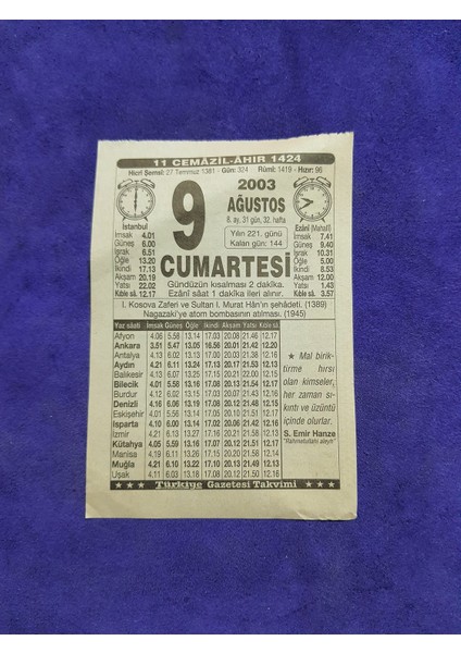 9 Ağustos 2003 Takvim Yaprağı - Nostaljik Koleksiyonluk Takvim Yaprağı