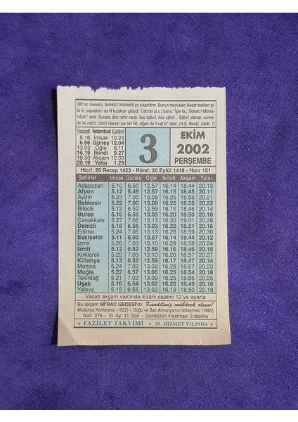 3 Ekim 2002 Takvim Yaprağı - Nostalji Koleksiyonluk Takvim Yaprağı