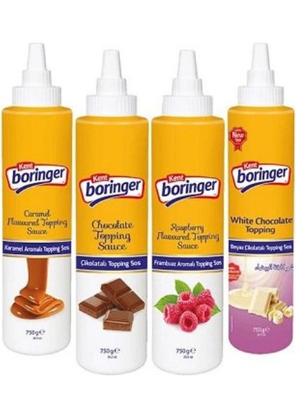 Kent Boringer Topping Sos Paketi (4 Çikolatalı + 2 Karamelli + 1 Frambuazlı + 1 Beyaz Çikolatalı ) 750 gr x 8