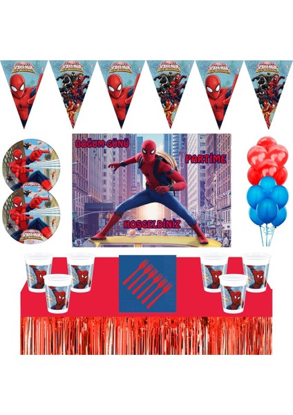 Örümcek Adam Doğum Günü Konsepti 8 Kişilik Afişli Spiderman Doğum Günü Seti Masa Etekli