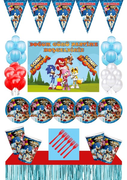 Doğum Günü 8 Kişilik Afişli Sonic Boom Parti Malzemeleri Seti Mavi Masa Etekli