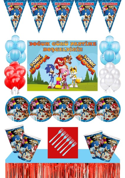 Doğum Günü 8 Kişilik Afişli Sonic Boom Parti Malzemeleri Seti Kırmızı masa Etekli