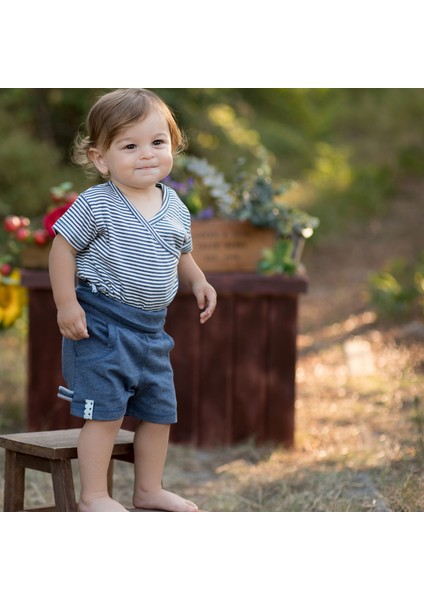 Organik Kısa Kollu Kimono Body, Indigo Çizgili