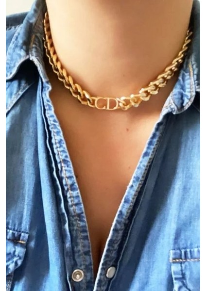 Kadın Gold CD Harfli Christian Dio Model Kalın Zincir Kolye Gold