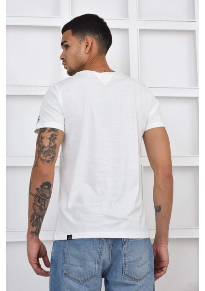 Bisiklet Yaka Art Is Life Logo T-Shirt - Ekru
