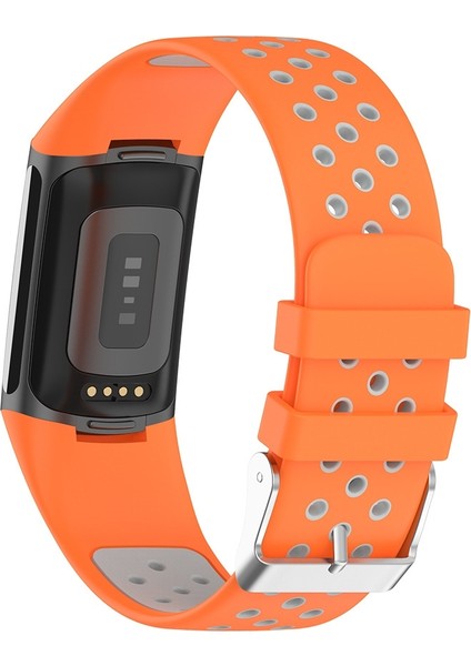 Çift Renkli Metal Toka Delik Silikon Saat Kayışı Fitbit Şarj 5 Turuncu Gri (Yurt Dışından)
